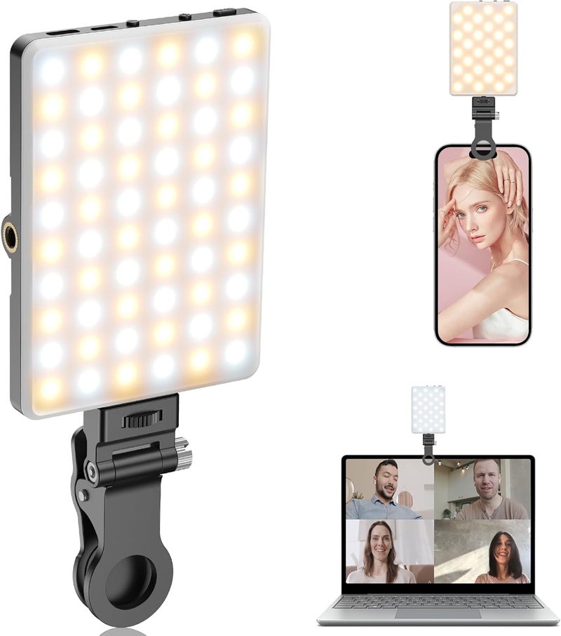 TONEOF Portable Selfie Light,Rechargable 60 LED PhoneLight with Clip & Double 1/4" Screw Hole,2500k-9000K Dimmable for iPhone,Android,Laptop,Tablet,Selfie/Video Conference - Image 1